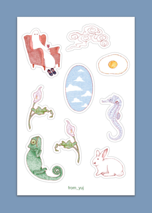 Sticker sheet - ghost, fried egg, chameleon